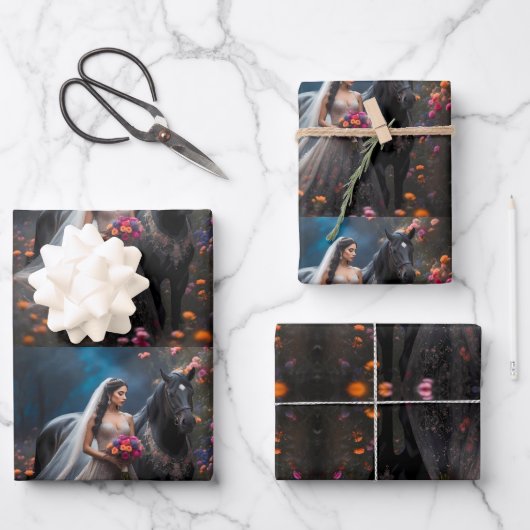 かわいいミニマル花嫁&ウマ ラッピングペーパーシート (正面)