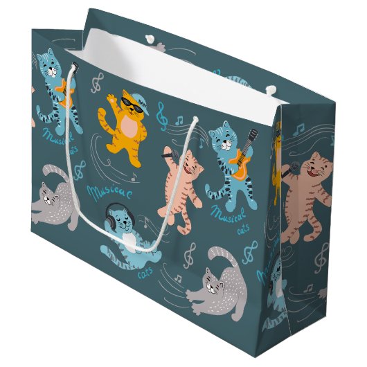 かわいいミュージカルねこ柄の子供誕生日 ラージペーパーバッグ (正面アングル)