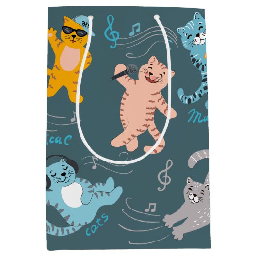 かわいいミュージカル猫パターン子供の誕生日 ミディアムペーパーバッグ (正面)
