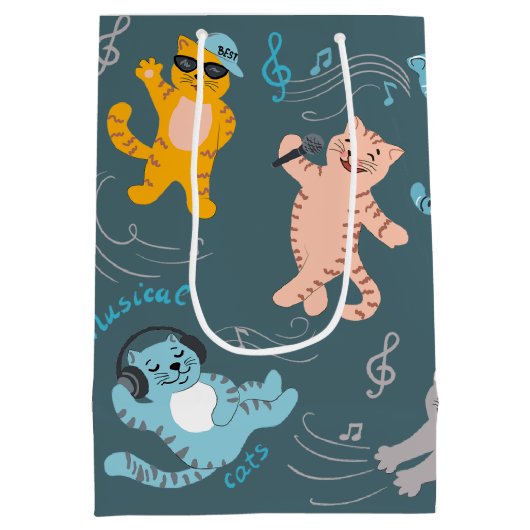 かわいいミュージカル猫パターン子供の誕生日 ミディアムペーパーバッグ (裏面)