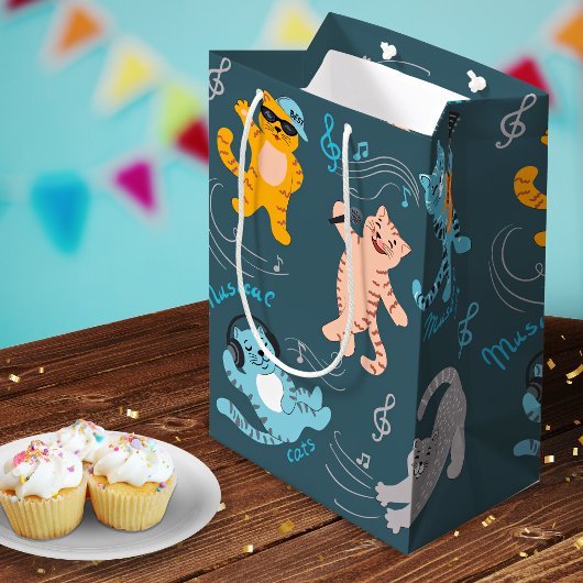 かわいいミュージカル猫パターン子供の誕生日 ミディアムペーパーバッグ