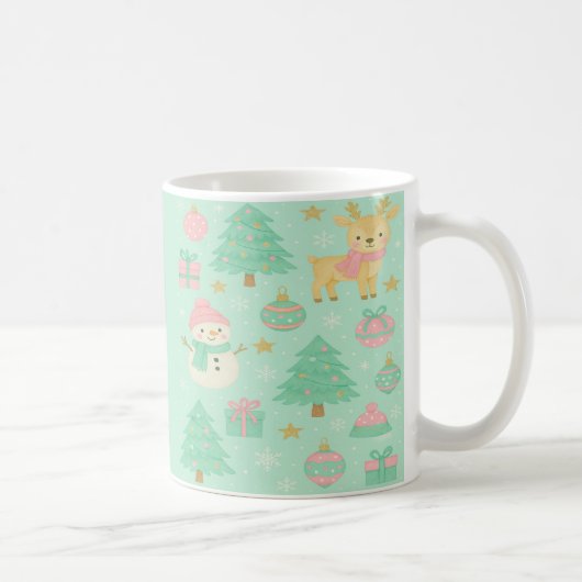 かわいいミントのクリスマスの鹿と雪だるま コーヒーマグカップ (右)