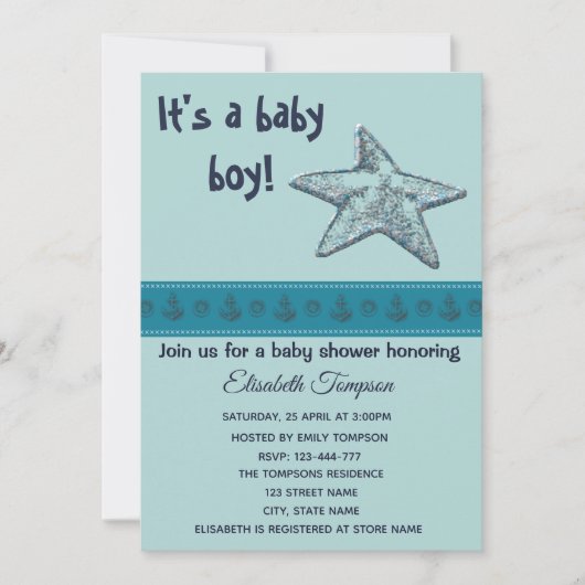 かわいいミントのヒトデとアンクロスの少年の赤ちゃんシャワー 招待状 (正面)