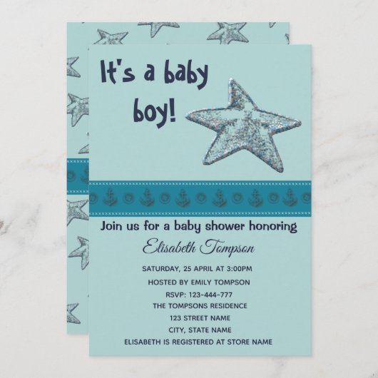 かわいいミントのヒトデとアンクロスの少年の赤ちゃんシャワー 招待状 (正面/裏面)