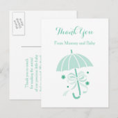 かわいいミントの傘と弓ベビーシャワーありがとう 案内ポストカード (正面/裏面)