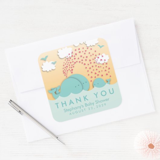 かわいいミントクジラスタイリッシュベビーありがとうシール スクエアシール (封筒)