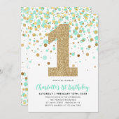 かわいいミントグリーンゴールドグリッターの1歳誕生日 招待状 (正面/裏面)