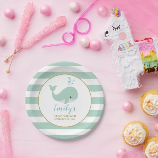 かわいいミントグリーンホエールベビーシャワー ペーパープレート (パーティー)