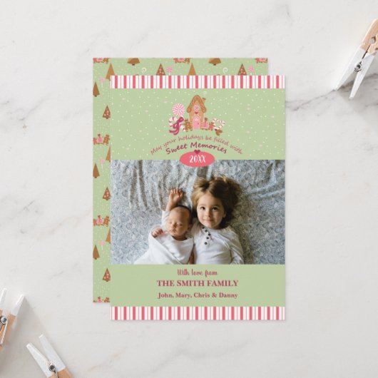 かわいいミントピンクのジンジャーブレッドキャンディーキャンディーフォトカード カード (正面/裏面インサイチュ)