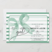 かわいいミントボウの女の子の赤ストライプちゃんシャワー 招待状 (正面)
