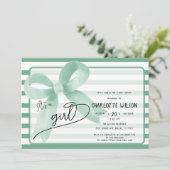 かわいいミントボウの女の子の赤ストライプちゃんシャワー 招待状 (スタンド正面)