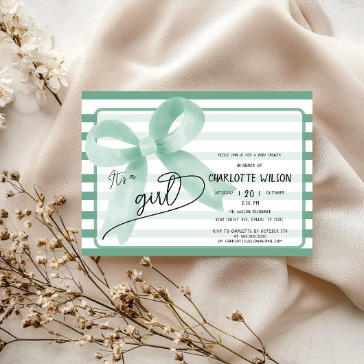 かわいいミントボウの女の子の赤ストライプちゃんシャワー 招待状