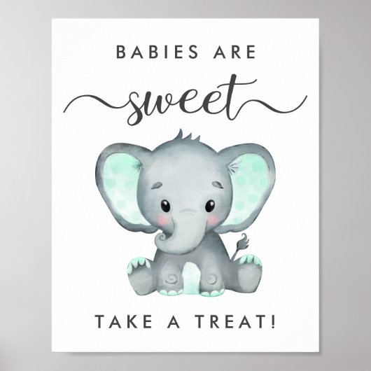 かわいいミント緑のゾウが可愛い赤ちゃんシャワーを浴びる ポスター (正面)