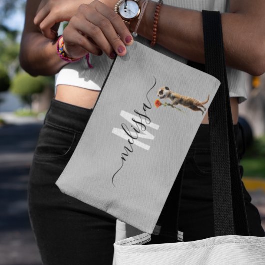 かわいいミーアカット水彩モノグラム名前 アクセサリーポーチ