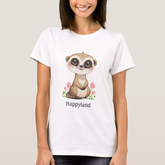 かわいいミーア猫と花のオーダーメイド Tシャツ (正面)