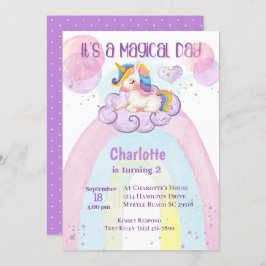 かわいいムラサキのユニコーンの2さいの誕生日虹 招待状