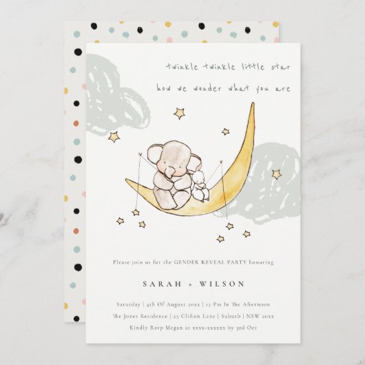 かわいいムーンスターエレファントバニージェンダーリビール招待状 サンキューカード (正面/裏面)