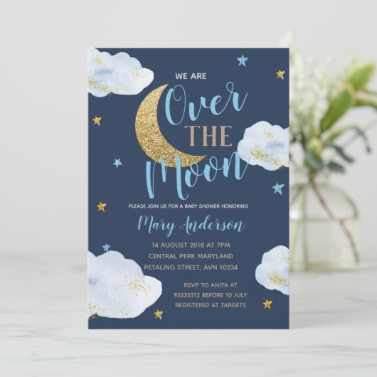 かわいいムーンネイビーブルーと金ゴールドベイビーシャワー 招待状 (スタンド正面)