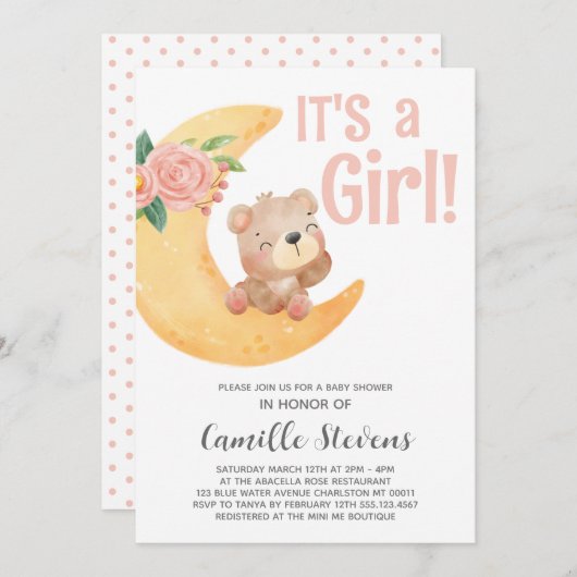かわいいムーンベアーベビーシャワー少女 招待状 (正面/裏面)