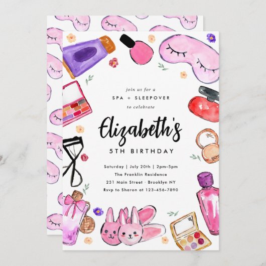 かわいいメイクアップガールズランバースリープバースパ誕生日 招待状 (正面/裏面)
