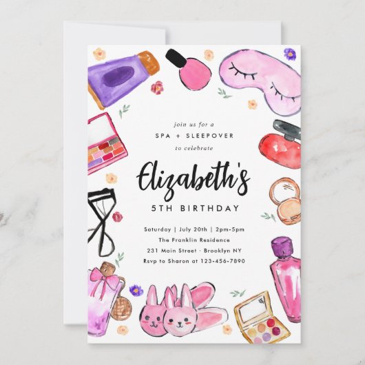かわいいメイク女子のスリーパー・スパ・誕生日パーティー 招待状 (正面)