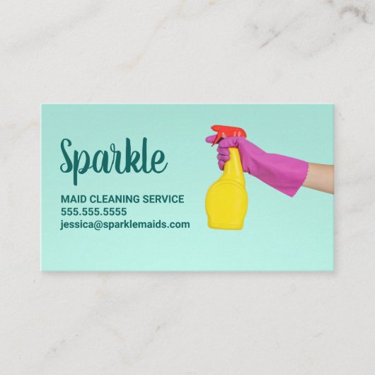 かわいいメイドハウスクリーニングサービスティール(緑がかった色)トレンディー 名刺 (正面)