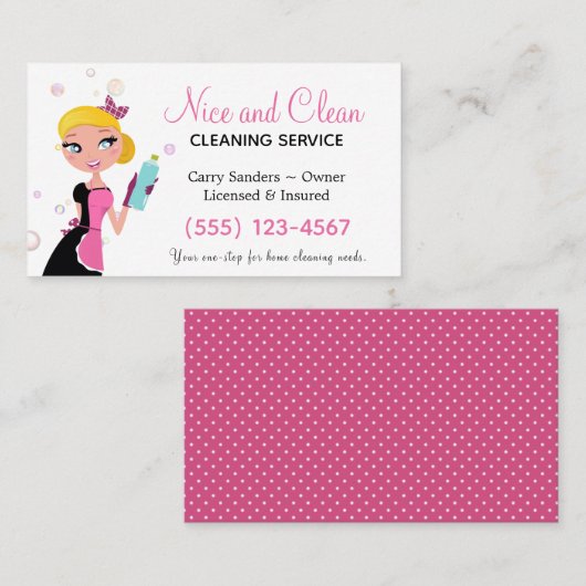 かわいいメイド水玉模様ハウスクリーニングサービス 名刺 (正面/裏面)