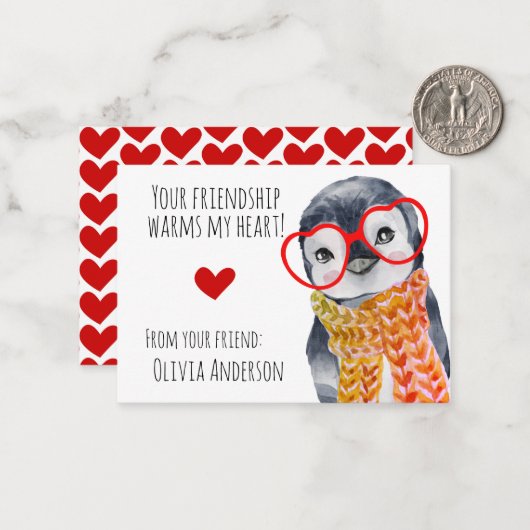 かわいいメガネのペンギン 子どもたちへのバレンタインカード ノートカード (正面/裏面インサイチュ)