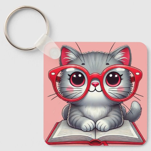 かわいいメガネをかけたキャラクターの猫 キーホルダー (正面)