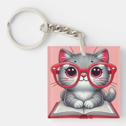 かわいいメガネをかけたキャラクターの猫 キーホルダー (正面)