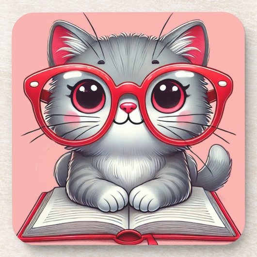 かわいいメガネをかけたキャラクターの猫 コースター (正面)