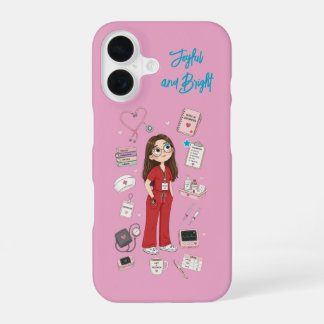 かわいいメガネ看護師の明るいピンクスマホケース iPhone 16ケース