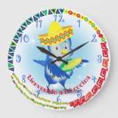 かわいいメキシコのソンブレロ鳥パーソナライズされたの台所 ラージ壁時計 (正面)