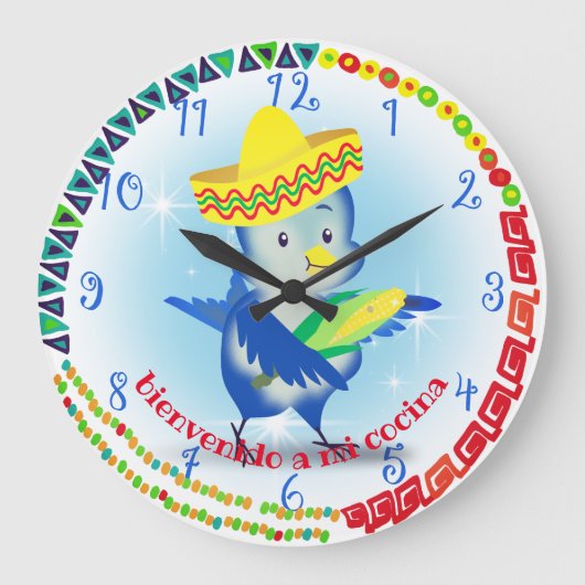 かわいいメキシコのソンブレロ鳥パーソナライズされたの台所 ラージ壁時計 (正面)