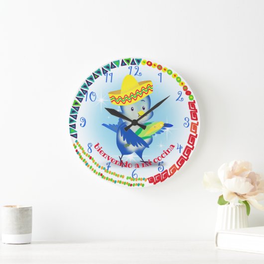 かわいいメキシコのソンブレロ鳥パーソナライズされたの台所 ラージ壁時計 (ホーム)