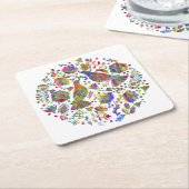かわいいメキシコのフォークアート、鳥と花 スクエアペーパーコースター (アングル)