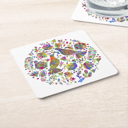 かわいいメキシコのフォークアート、鳥と花 スクエアペーパーコースター (アングル)