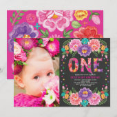 かわいいメキシコフィエスタの花 1歳の誕生日写真 招待状 (正面/裏面)