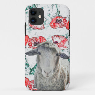 かわいいメリノヒツジ動物赤ポピーの花 iPhone 11 ケース
