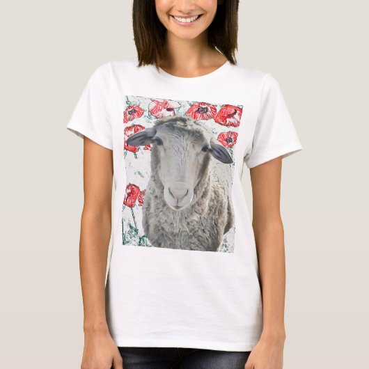 かわいいメリノヒツジ動物赤ポピーの花 Tシャツ (正面)