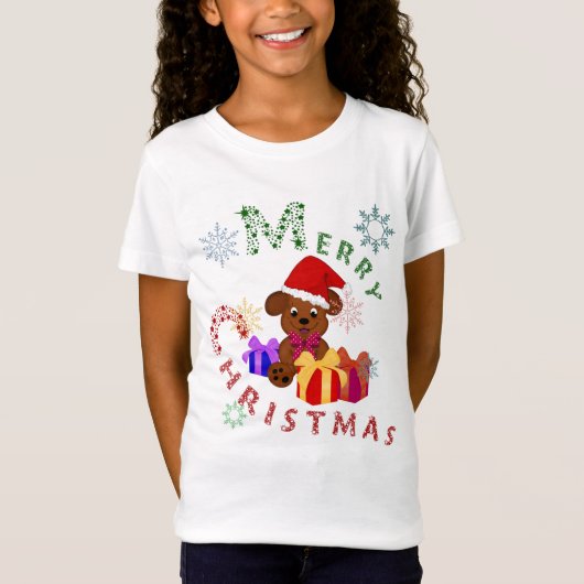 かわいいメリークリスマスの子犬のプレゼントと雪の結晶 Tシャツ (正面)