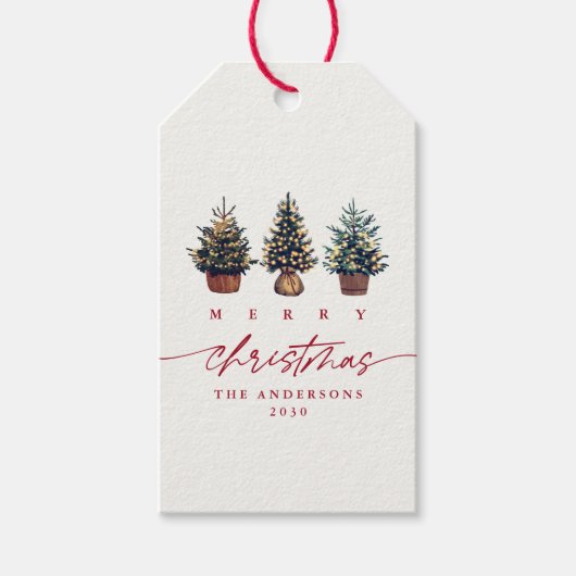 かわいいメリークリスマスウォーター色のツリー赤いスクリプト ギフトタグ (正面)