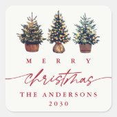 かわいいメリークリスマスウォーター色のツリー赤いスクリプト スクエアシール (正面)