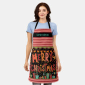 かわいいメリークリスマスカスタマイズ名ピンクストライプ エプロン (着用した状態)