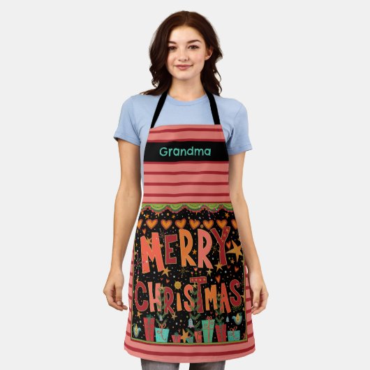 かわいいメリークリスマスカスタマイズ名ピンクストライプ エプロン (着用した状態)