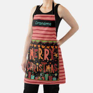 かわいいメリークリスマスカスタマイズ名ピンクストライプ エプロン