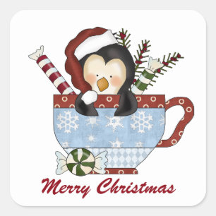 かわいいメリークリスマスコアペンギンのステッカー スクエアシール