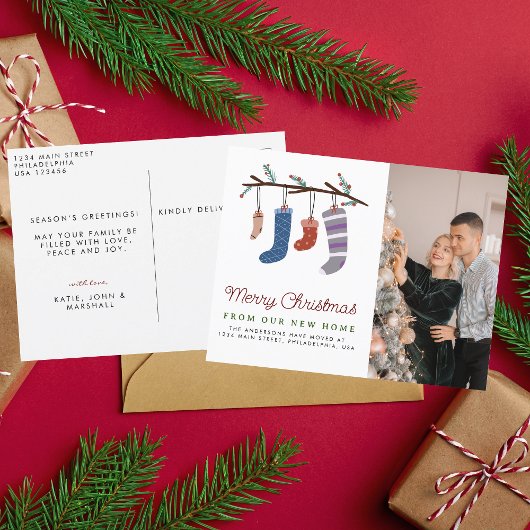 かわいいメリークリスマスストッキングニューホームムービング 案内ポストカード