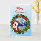 かわいいメリークリスマストナカイとサンタクロース カード (黄色い花)