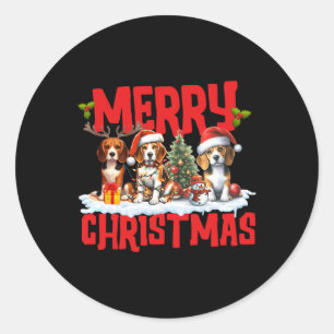 かわいいメリークリスマスビーグルドッグサンタハットトナカイ ラウンドシール